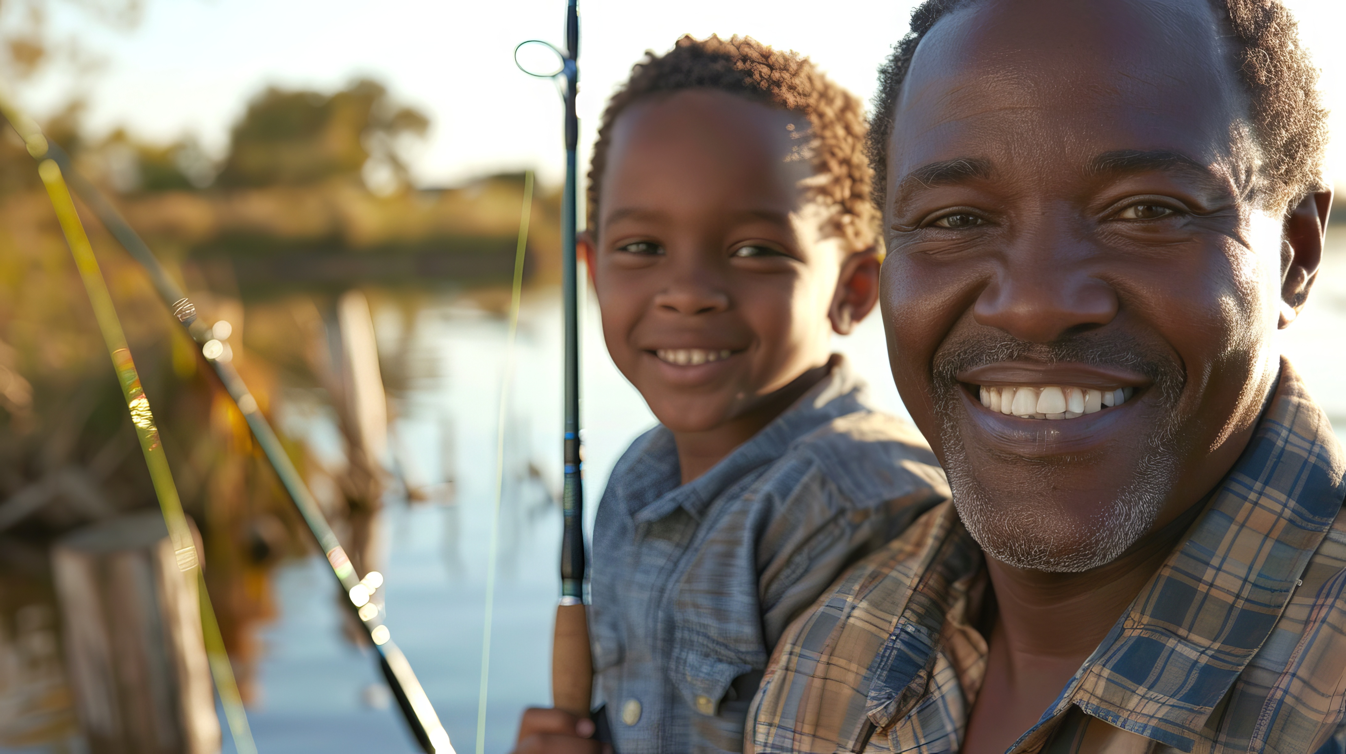 Family fishing at sunset